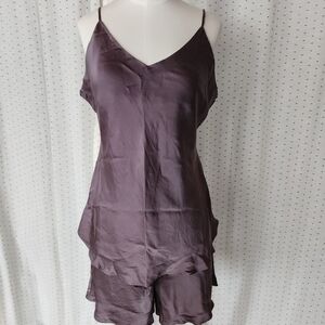 Silk V-Neck Chemise and Short Set - Plum